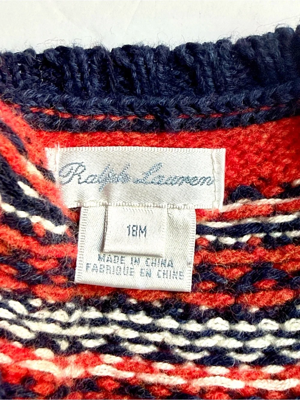 Ralph Lauren Baby Sweater Blue Nordic Fair Isle Button Shoulder 18M Cotton